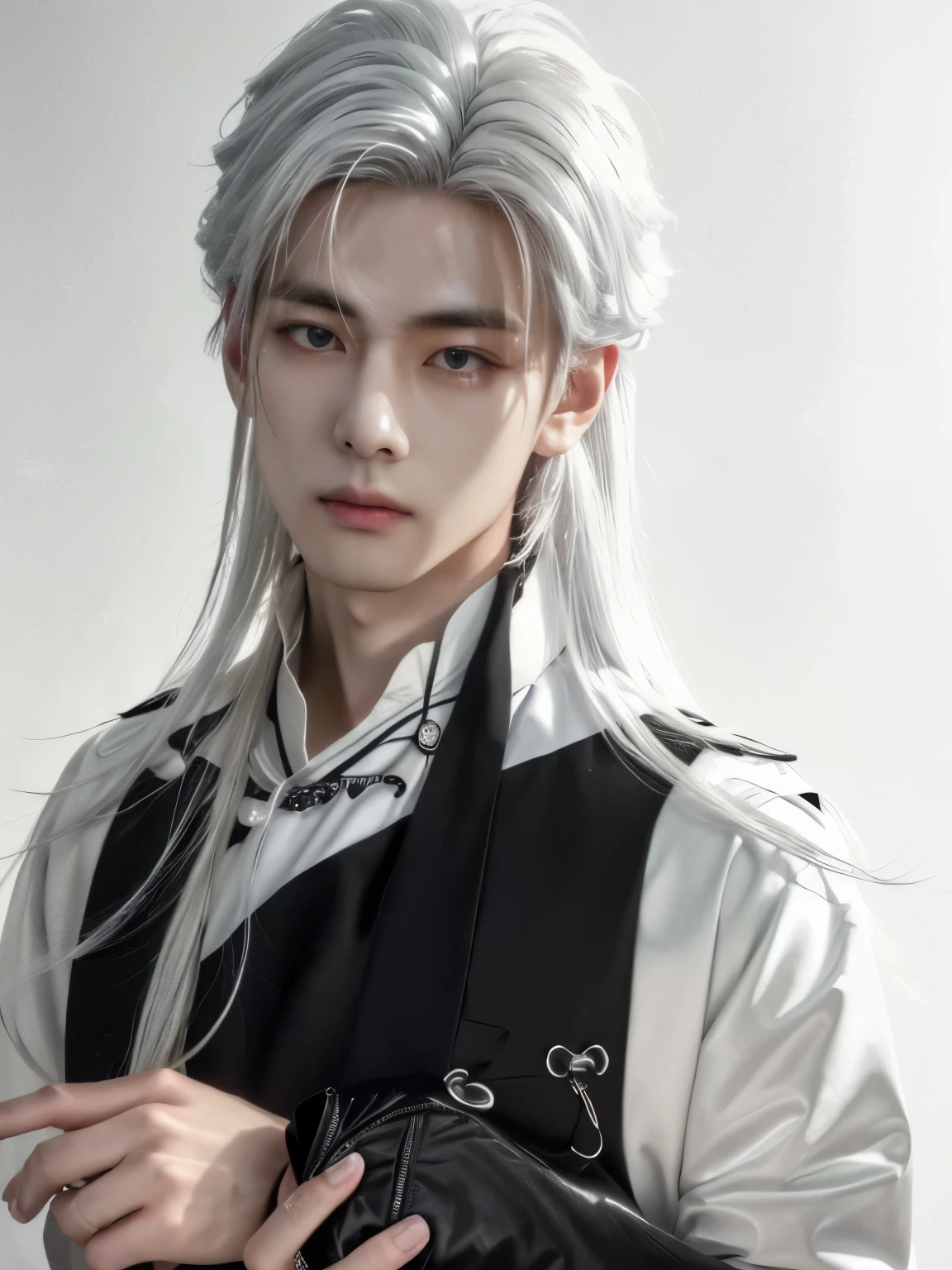 araffe dressed in a black and white outfit holding a black purse, cai xukun, with long white hair, xqc, with white long hair, white haired, cloud-like white hair, heise jinyao, beautiful androgynous prince, white-haired, anime cosplay, white haired deity, delicate androgynous prince, yee chong silverfox