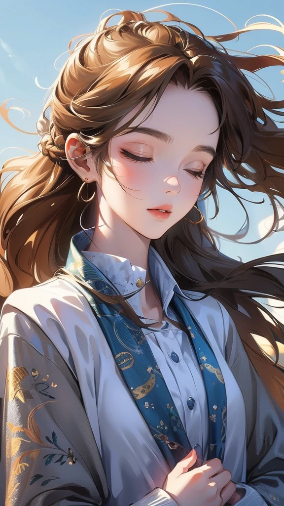 a close up view of a girl with her hair blowing in the wind, 1girl, long hair, solo, upper body, closed eyes, long sleeves