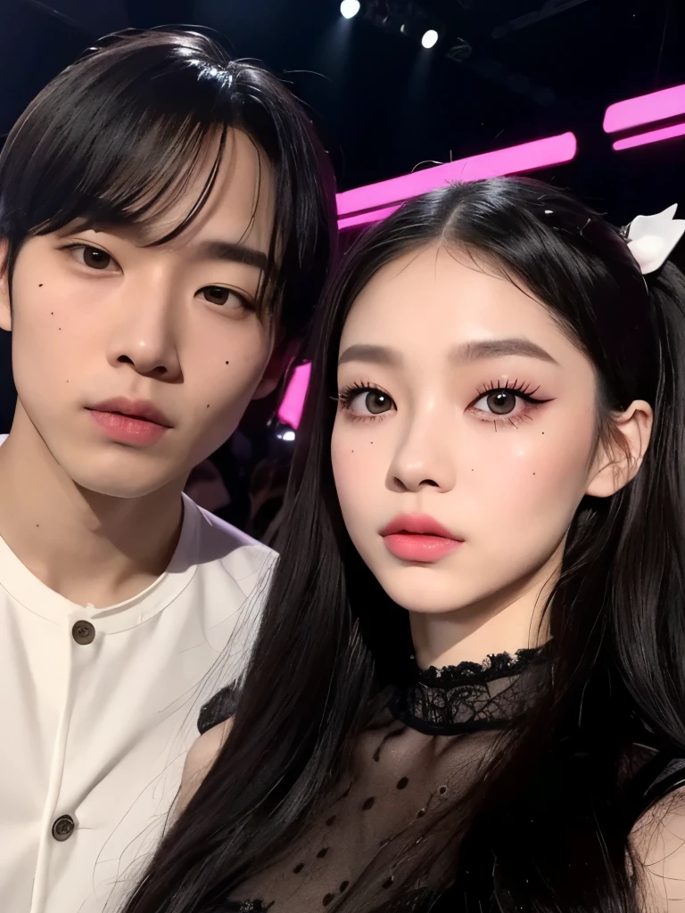 Kim Jennie with dark black hair, with curlers at the ends of dark black hair, with a star clip in her dark black hair, light colored eyes, pretty eyes, crying eyes, pretty, upturned nose, Pretty lips, pink lips, heart and cupid shaped lip, pretty skin, Pale and white skin, with moles and freckles all over his face, soft pink blush on the cheeks, natural pink blush, dark and gothic makeup, Gothic Jennie, while she is with a cute boy by her side, with a cute asian boy standing next to her, while there is a man's torso, while the man'His hand is on her jaw., beautiful man's hands, with a gothic boy, nice collars, marked collar, frown, angry look, with a kiss necklace, a pretty kiss necklace, while showing her naked breasts, while her nipples have two pink paper hearts, She has nipples with pink paper hearts (big breasts, soft breasts, nice breasts, natural breasts), with a boy by his side, with her boyfriend, looking to the camera, autophoto