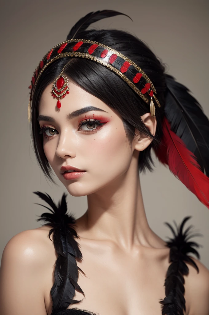 India short hair painted skin red and black feather headdress