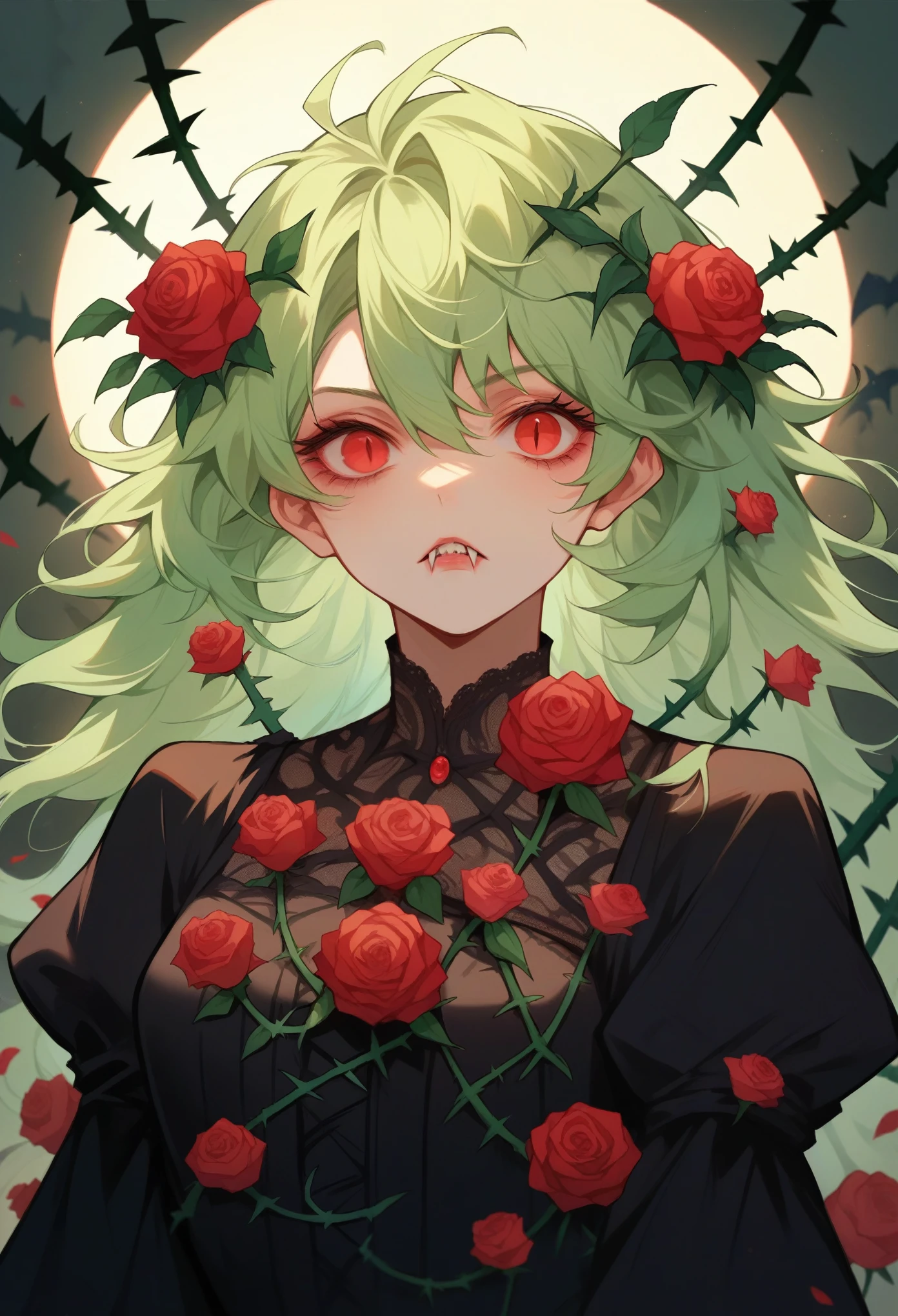 pastel green hair, red eyes, pale, vampire, vampire teeth, bat and thorn hair accessories, black dress with ruffles and lace, beads, thorns, roses, long fluffy hair,