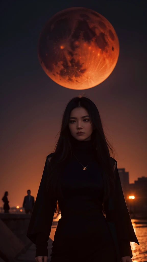 Develop a novel that evokes a sense of power, mystery, and the dark journey of revenge.

The Central Figure should be a strong, determined young woman standing in the foreground. She should have an intense, resolute expression, .
The woman is dressed in a sleek, black, elegant  Mafia boss outfit 

The background a shadowy, a very big and opulent mansion, partially covered by darkness.


 There should be a faint image of a phoenix rising in the background
  like a blood-red moon
There should a color Scheme that will be dark, moody tones with contrasts of deep reds and blacks 