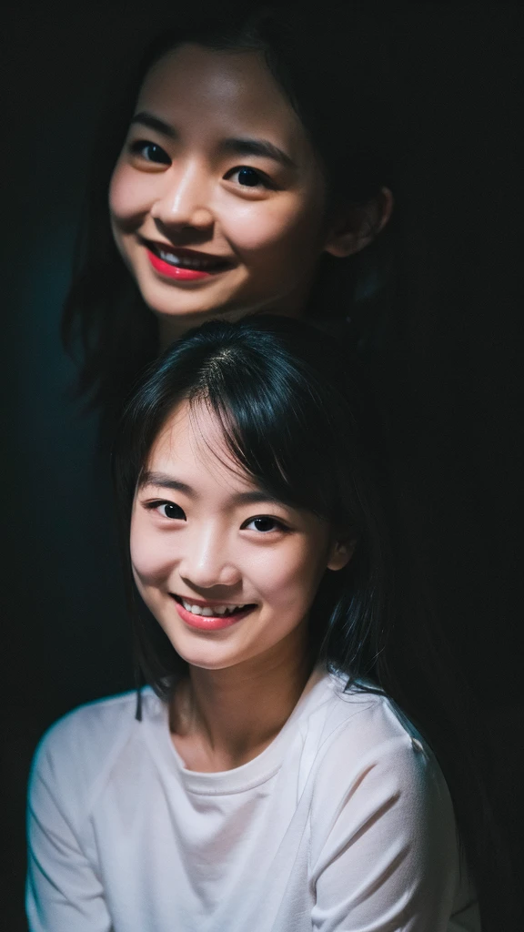 cute girl, 17 years, Perfect face, White skin, a little asian, somewhat round face, short wavy hair, smiling happily 