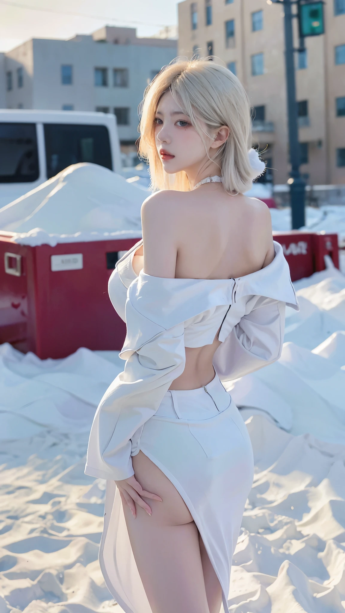 Beautiful woman with perfect figure:1.4，snow，Touching butt with both hands，snow背景，Layered Hairstyle，White skin，Prominent cleavage，Pleated Skirt，whole body，Very delicate face and skin texture，Double eyelids，Skin Whitening，Long white hair