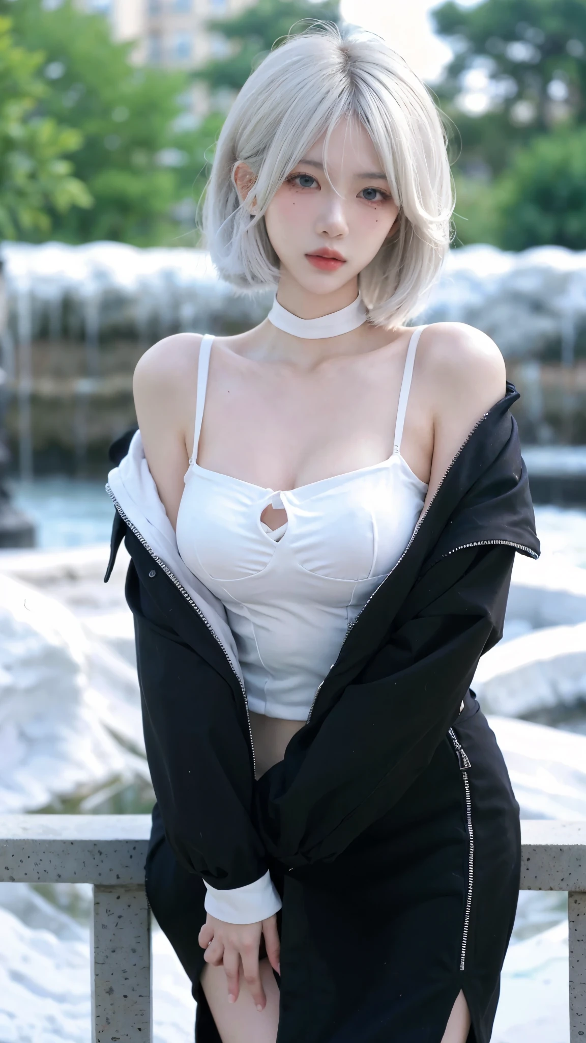 Beautiful woman with perfect figure:1.4，snow，Touching butt with both hands，snow背景，Layered Hairstyle，White skin，Prominent cleavage，Pleated Skirt，whole body，Very delicate face and skin texture，Double eyelids，Skin Whitening，Long white hair