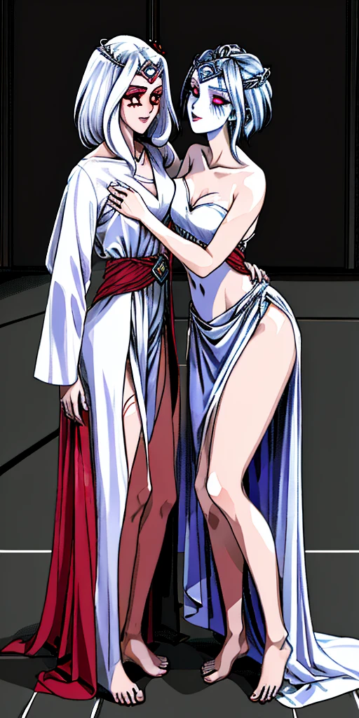 Body position: Standing, straight, symmetrical, barefoot, Lustful smile on face with red blush, 2 girls like Cassia Orsellio white pale skin with red eyes who gets married and stands in front of many people, nsfw, kissing