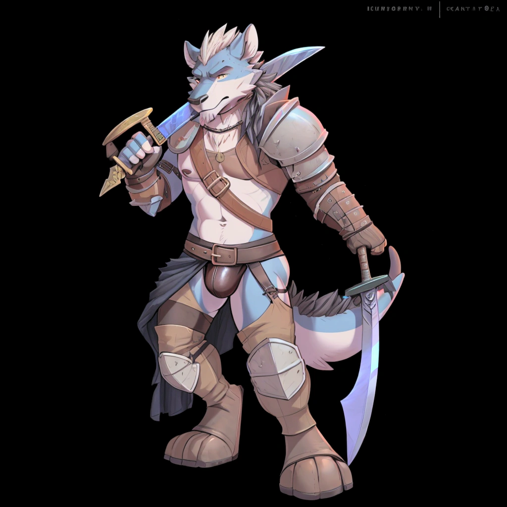Solo Sexy young anthro acaliereptile dragon male mercenary medieval solider, slim slim muscular, anthro handsome gay shorter muzzle, handsome gay model male apperance, sword scars, worn out leather skimpy armament, low on hips heavy leather belt, old very worn out skimpy dirty linen material jockstrap, old yellow dirty worn out stains on white sawn jockstrap, very visible "x" brown seam pattern on the jockstrap, studded skimpy armlets breastplate armor, skimpy breastplate, leather bondages, fingerless leather gloves, smelly unwashed husk, dirty body look, desert battlefield, standing in sexy fighting position, close view of full character, blooded husk, blooded sword