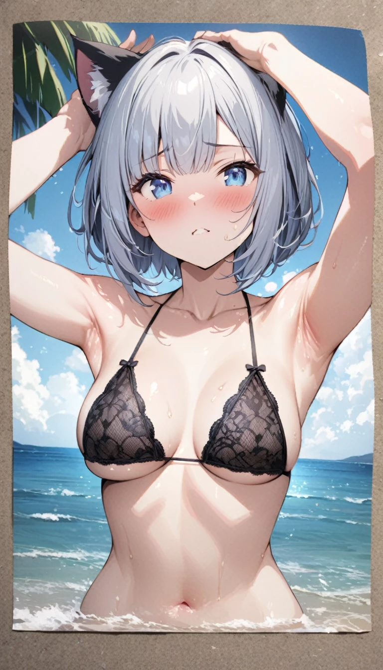 (((best quality)), ((masterpiece)), (details), masterpiece, best quality, high quality, ulutra detailed, perfect face, ((1girl, Blue eyes, cat ears: 1.3 silver bob hair: 2.5,)) 、Shiny Hair、Glowing Skin、blush、Lustful look、Black lace pattern red micro bikini、Sandy Beach、Ocean岸線、膝をSandy Beachに着く、Bend your elbows and place your hands on your head、Gravure pose、blue sky、Ocean