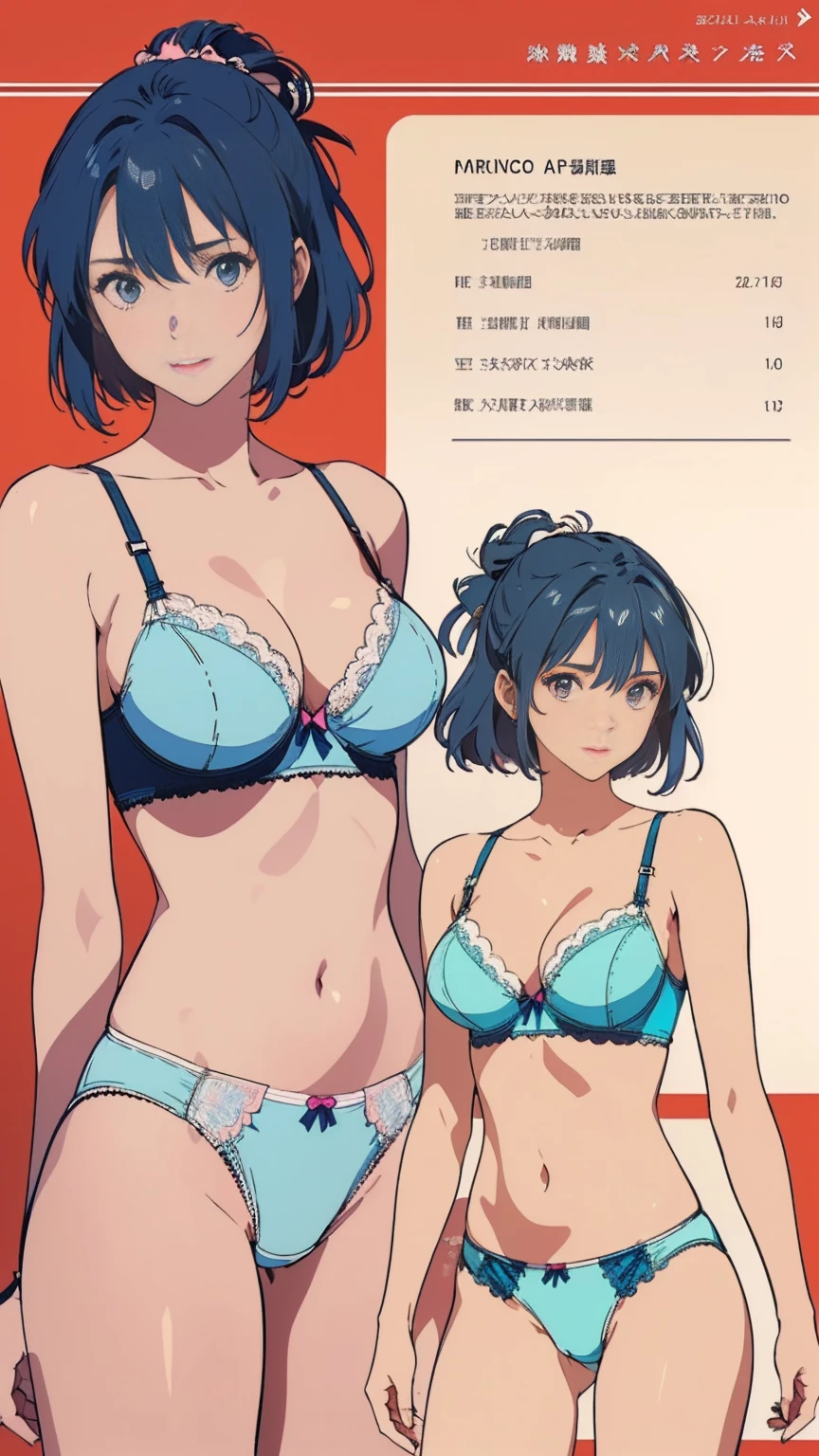 ((masterpiece)), (((Highest quality))), ((Reference Sheet, Character Design)), Highest quality, masterpiece, Ultra-high resolution, Original photo, Ultra-high resolution, female, RIXIA_MAO, navy blue hair, Big smile, Large tits, Wearing a white and pink lace bra, Wearing white and pink lace panties, (elaborately designed luxury panties for adults, panties high definition images, draw panties with super precision), (((threads of the seams for panties crotch is visible))), stitch of panties is visible