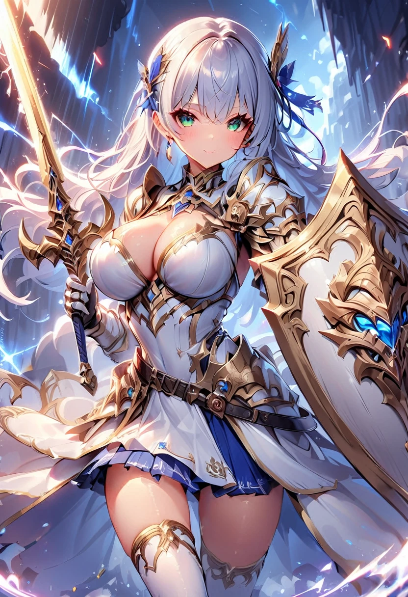 masterpiece,best quality, knight, long hair, silver hair, green eyes,((1girl)), (white_armor), golden ornaments, sword, shield, ((holding sword)), ((big breasts)), exposed belly, 1girl, cleavage, legs exposed, ((shield-over_arm)), ((Perfect face)),add_detail:1, add_detail:0, add_detail:0.5, ((Sword and shield))