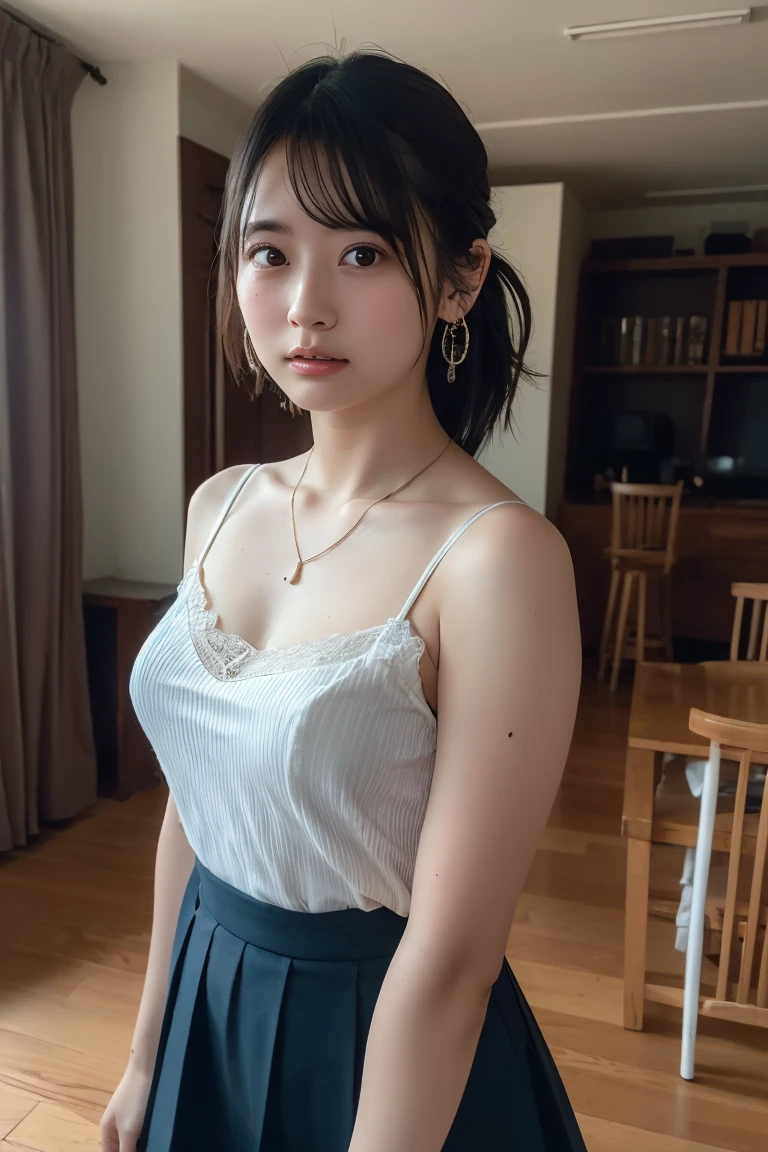 (Highest quality:1.4),(masterpiece:1.4),(Realistic:1.4),(Realistic:1.2),(超High resolution, RAW Photos:1.4),(High resolution, Ultra-detailed:1.2),(8k:1.2),View your viewers,Cinematic photography,One girl,skeletally correct,Black-haired woman,(Small earrings,necklace,ponytail,Ribbon Camisole,Pleated mini skirt),(Western-style building interior,Dimly lit room,The lamplight shines on my cheeks)