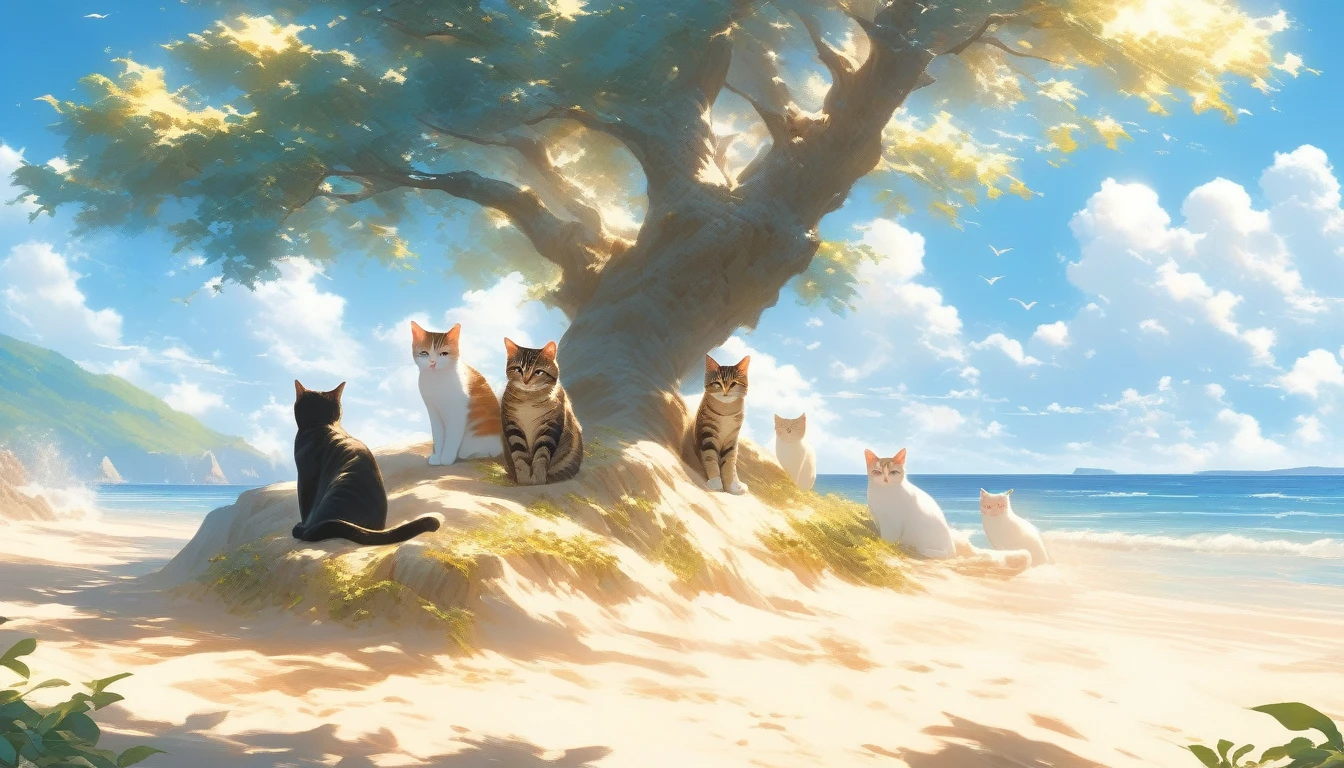 ((Masterpiece)), ((Best Quality)), (Very Detailed), ((Very Detailed)), 4K, (8K), very aesthetic, absurdres highres, On a sunny day with blue skies and clouds floating in the sky, the island is full of cats. You can see many cats. The cats play in the meadows and flower fields and run through the trees. The blue sea surrounds the island and the sound of waves crashing on the rocks can be heard. The cats' fur reflects the light, creating a joyful, relaxed atmosphere in the natural sunlight.”
