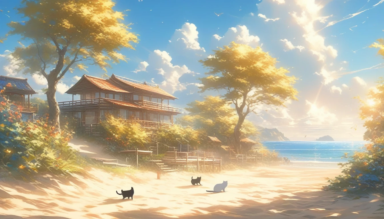 ((Masterpiece)), ((Best Quality)), (Very Detailed), ((Very Detailed)), 4K, (8K), very aesthetic, absurdres highres, On a sunny day with blue skies and clouds floating in the sky, the island is full of cats. You can see many cats. The cats play in the meadows and flower fields and run through the trees. The blue sea surrounds the island and the sound of waves crashing on the rocks can be heard. The cats' fur reflects the light, creating a joyful, relaxed atmosphere in the natural sunlight.”