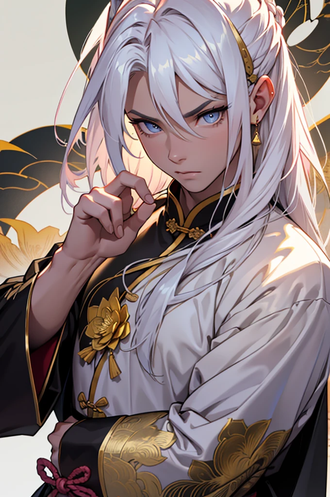 best qualityer,ultra detali,realisitic:1.37),LONG white hair, pink iris,tall and strong man, moderno, black and gold traditional chinese clothing , milky and smooth skin, with a dagger in his hand, lotus flower particles,d&charachter,sharp focus,Physically based rendering,proffesional,bright coloured,bokeh,portraite, anatomically perfect hands, pleasant and beautiful face, fierce gaze