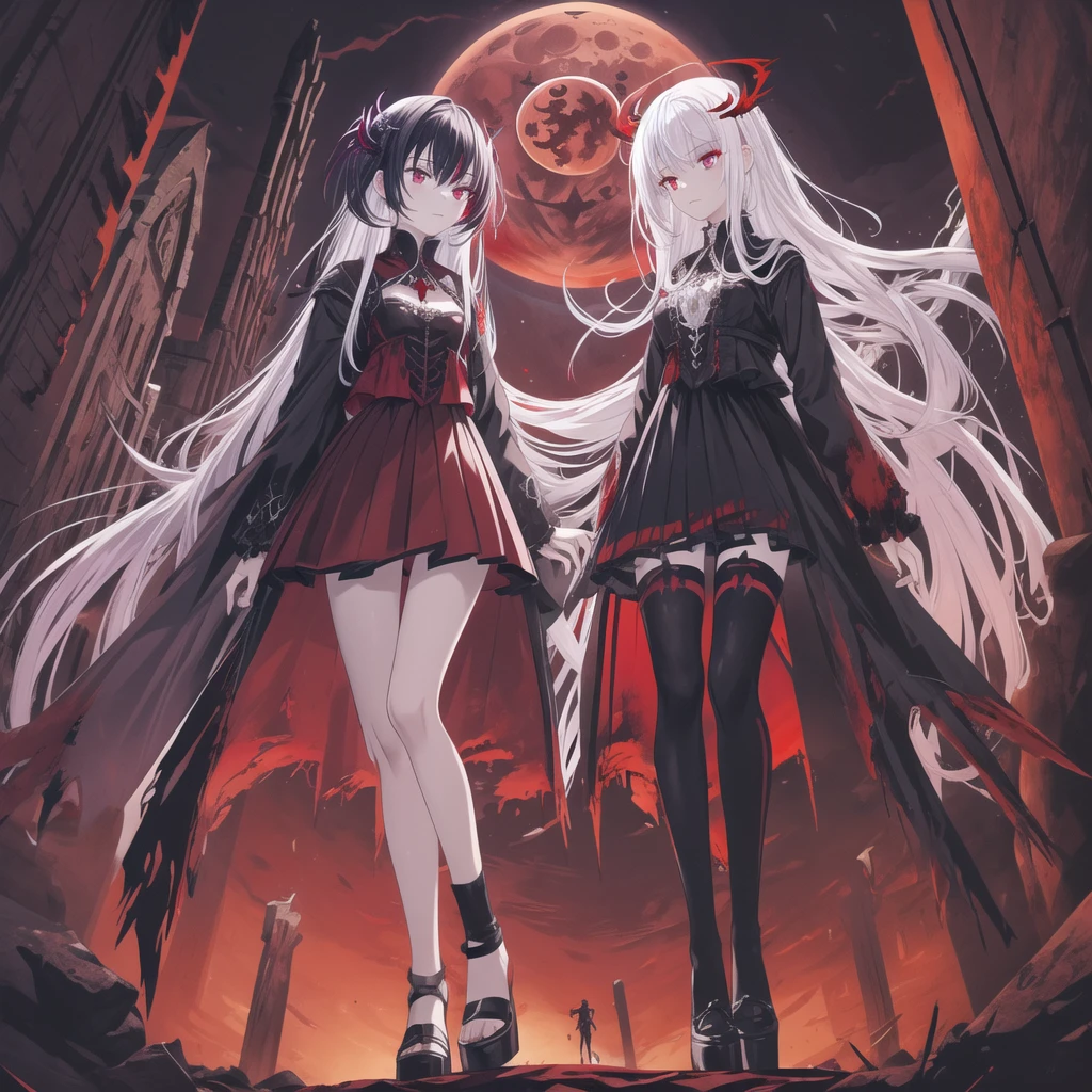 Masterpiece, top quality, bright colors, one girl, white hair, black hair, magenta hair, red eyes, glowing eyes, dark atmosphere, black wings, black halo, fallen angel, from below, descending from heaven, gothic clothes, looking down , Blood, ((Blood Moon, Red Moon))), Purple Aura, Divine Advent, Fire, Cinematic Lighting, Glowing Aura Lighting, Full Body, Spectacular Background, starrystarscloudcolorful