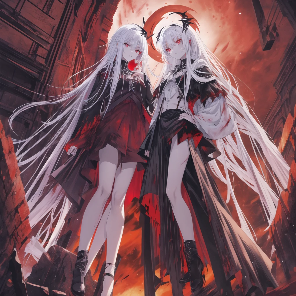 Masterpiece, top quality, bright colors, one girl, white hair, black hair, magenta hair, red eyes, glowing eyes, dark atmosphere, black wings, black halo, fallen angel, from below, descending from heaven, gothic clothes, looking down , Blood, ((Blood Moon, Red Moon))), Purple Aura, Divine Advent, Fire, Cinematic Lighting, Glowing Aura Lighting, Full Body, Spectacular Background, starrystarscloudcolorful