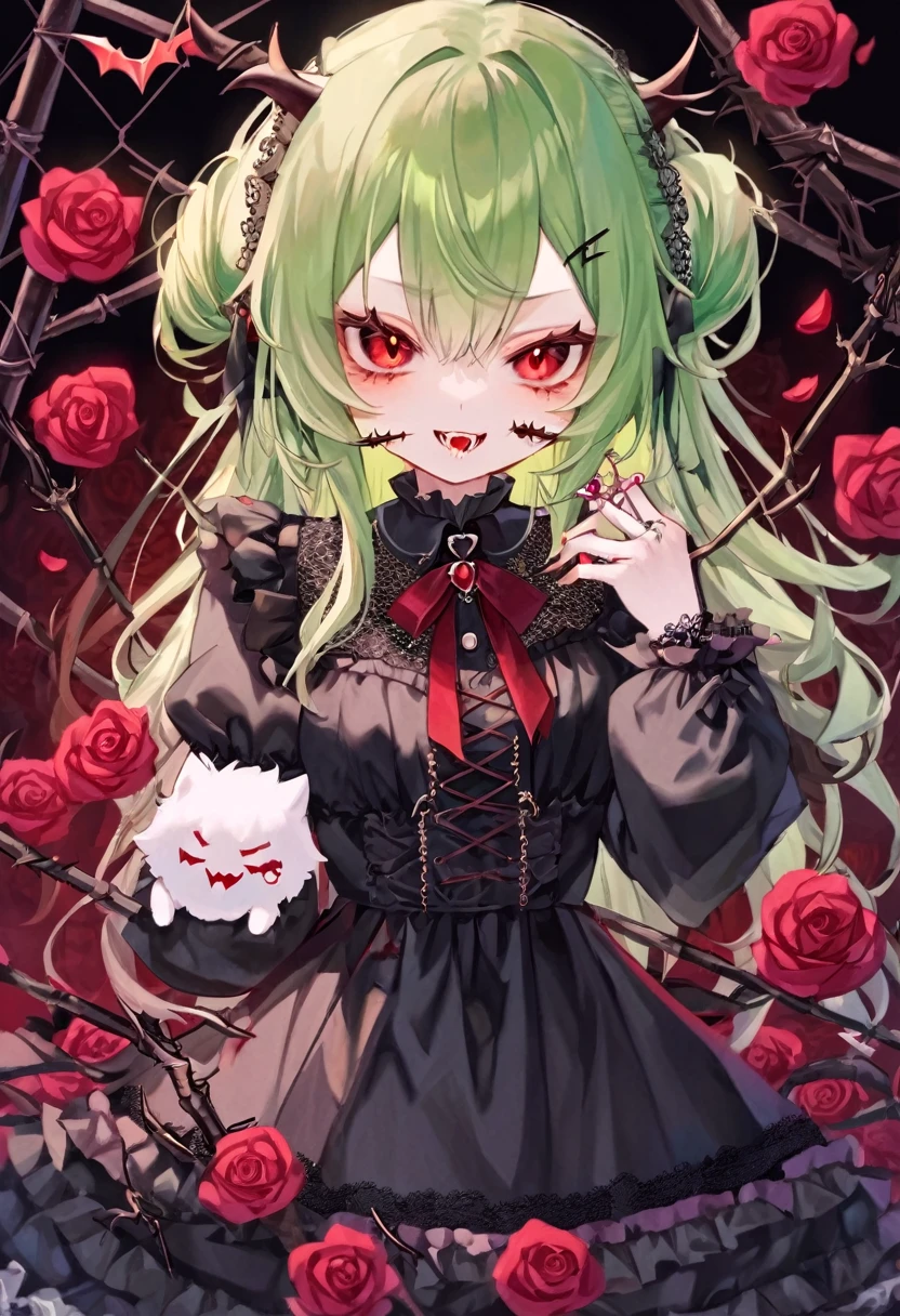 pastel green hair, red eyes, pale, vampire, vampire teeth, bat and thorn hair accessories, black dress with ruffles and lace, beads, thorns, roses, long fluffy hair,