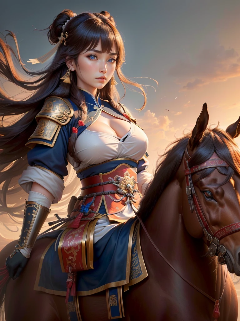 a close up of a woman with a bow and a bow on a horse, mongol, guan yu, genghis khan, inspired by Hu Zaobin, chinese warrior, zhao yun, photo of genghis khan, bian lian, inspired by Wu Bin, inspired by Huang Shen, inspired by Cao Zhibai, feng shu, chinese three kingdoms, yang qi, Highly detailed CG unit 8k wallpaper, masterpiece, High resolution, highest quality, highest quality real texture skin, Super Real, Digital Painting, Best image quality, 最High resolution, 8k, (((Highly detailed eyes and face, Beautiful eyes every detail))), profile, light brown hair, disproportionate breasts, huge breasts, sagging breasts, gigantic breasts, erect nipple, clevage cutoff, (((Highly detailed eyes and face, Beautiful eyes every detail))),
