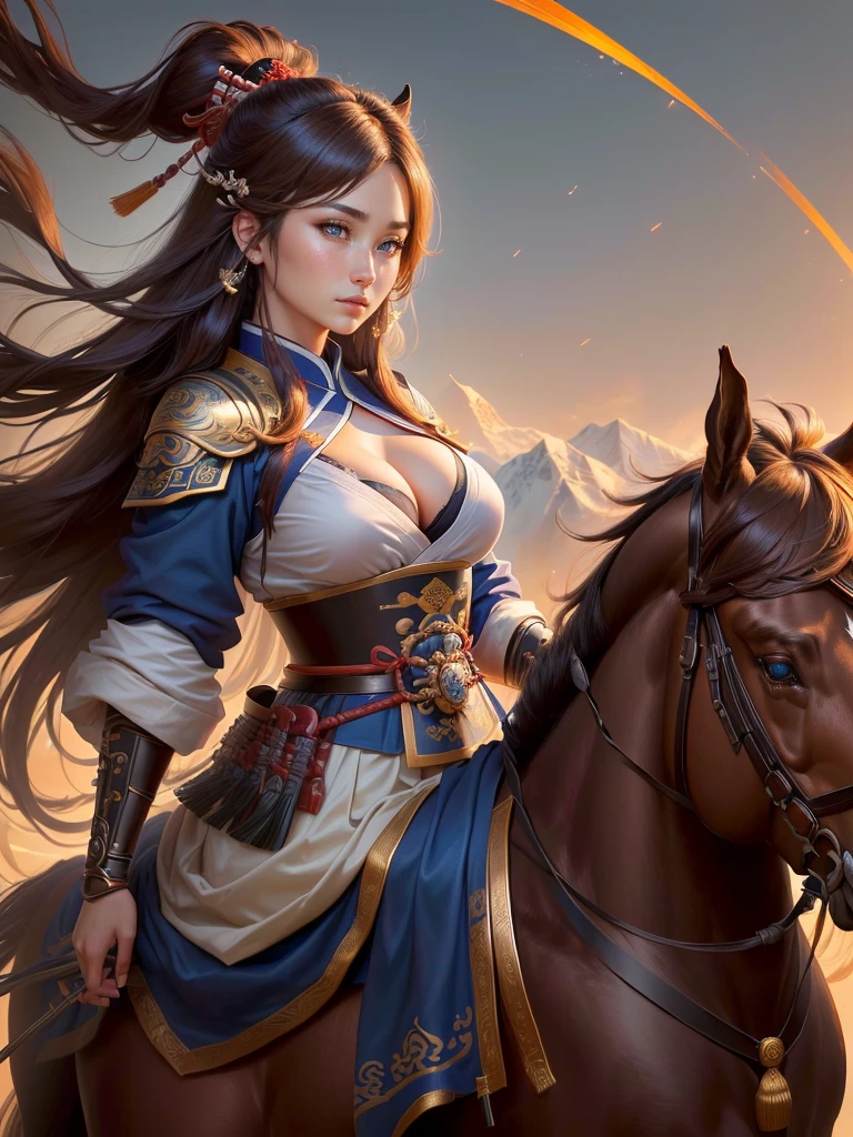 a close up of a woman with a bow and a bow on a horse, mongol, guan yu, genghis khan, inspired by Hu Zaobin, chinese warrior, zhao yun, photo of genghis khan, bian lian, inspired by Wu Bin, inspired by Huang Shen, inspired by Cao Zhibai, feng shu, chinese three kingdoms, yang qi, Highly detailed CG unit 8k wallpaper, masterpiece, High resolution, highest quality, highest quality real texture skin, Super Real, Digital Painting, Best image quality, 最High resolution, 8k, (((Highly detailed eyes and face, Beautiful eyes every detail))), profile, light brown hair,  disproportionate breasts, huge breasts, sagging breasts, gigantic breasts, erect nipple, clevage cutoff,  (((Highly detailed eyes and face, Beautiful eyes every detail))),