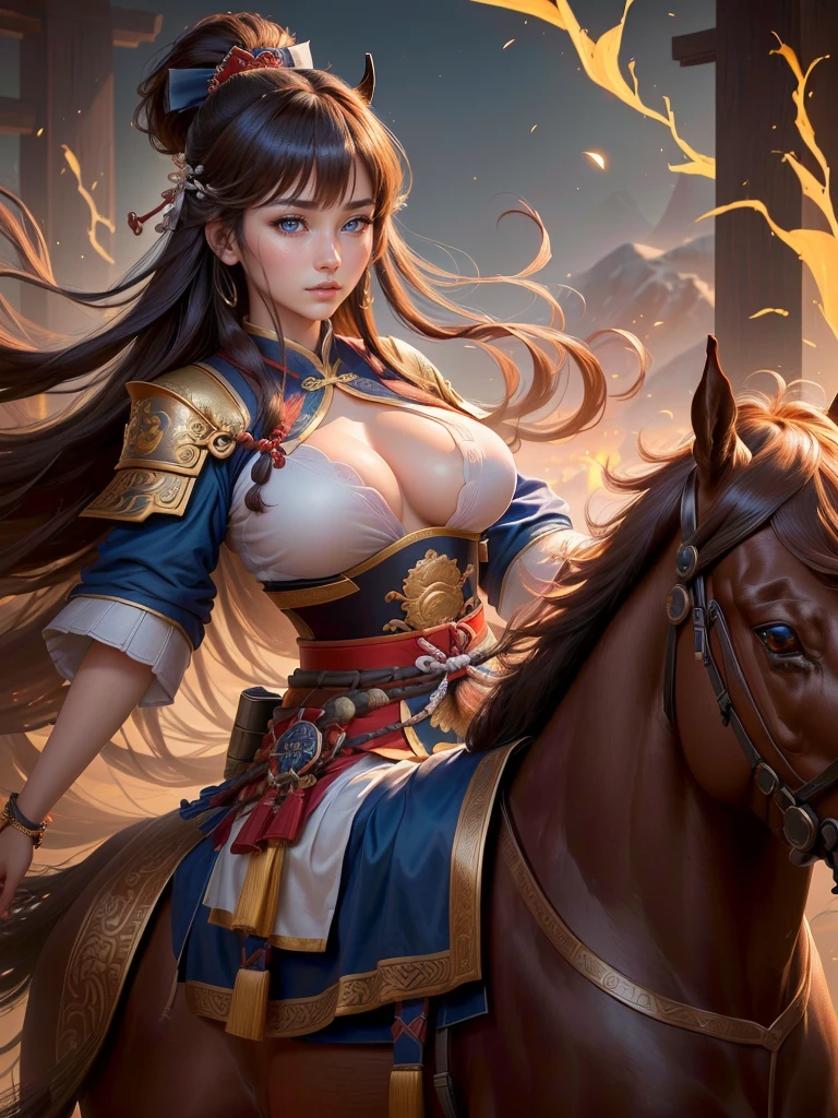 a close up of a woman with a bow and a bow on a horse, mongol, guan yu, genghis khan, inspired by Hu Zaobin, chinese warrior, zhao yun, photo of genghis khan, bian lian, inspired by Wu Bin, inspired by Huang Shen, inspired by Cao Zhibai, feng shu, chinese three kingdoms, yang qi, Highly detailed CG unit 8k wallpaper, masterpiece, High resolution, highest quality, highest quality real texture skin, Super Real, Digital Painting, Best image quality, 最High resolution, 8k, (((Highly detailed eyes and face, Beautiful eyes every detail))), profile, light brown hair, disproportionate breasts, huge breasts, sagging breasts, gigantic breasts, erect nipple, clevage cutoff, (((Highly detailed eyes and face, Beautiful eyes every detail))),