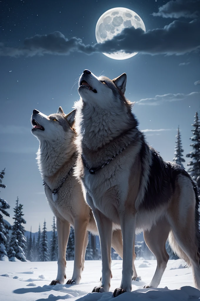 Wolves howling in the full moonlight