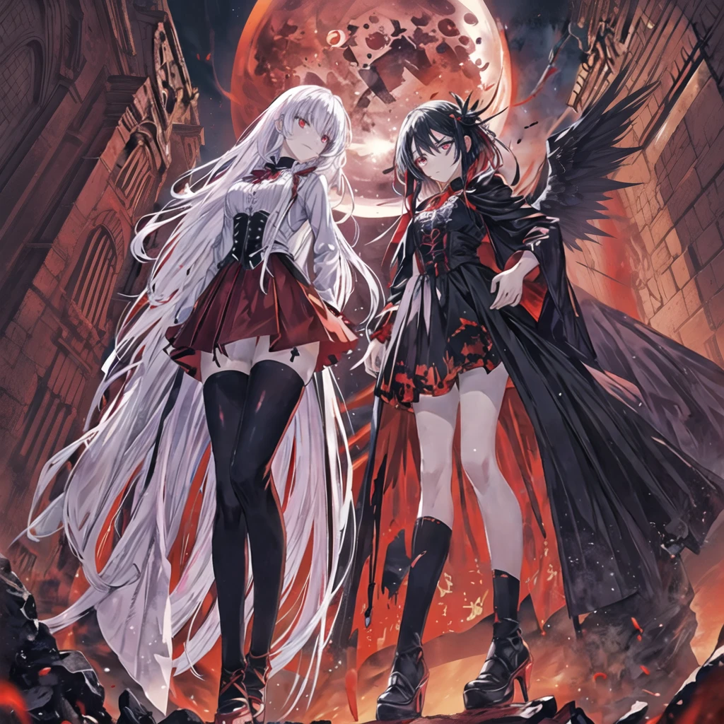Masterpiece, top quality, bright colors, one girl, white hair, black hair, magenta hair, red eyes, glowing eyes, dark atmosphere, black wings, black halo, fallen angel, from below, descending from heaven, gothic clothes, looking down , Blood, ((Blood Moon, Red Moon))), Purple Aura, Divine Advent, Fire, Cinematic Lighting, Glowing Aura Lighting, Full Body, Spectacular Background, starrystarscloudcolorful
