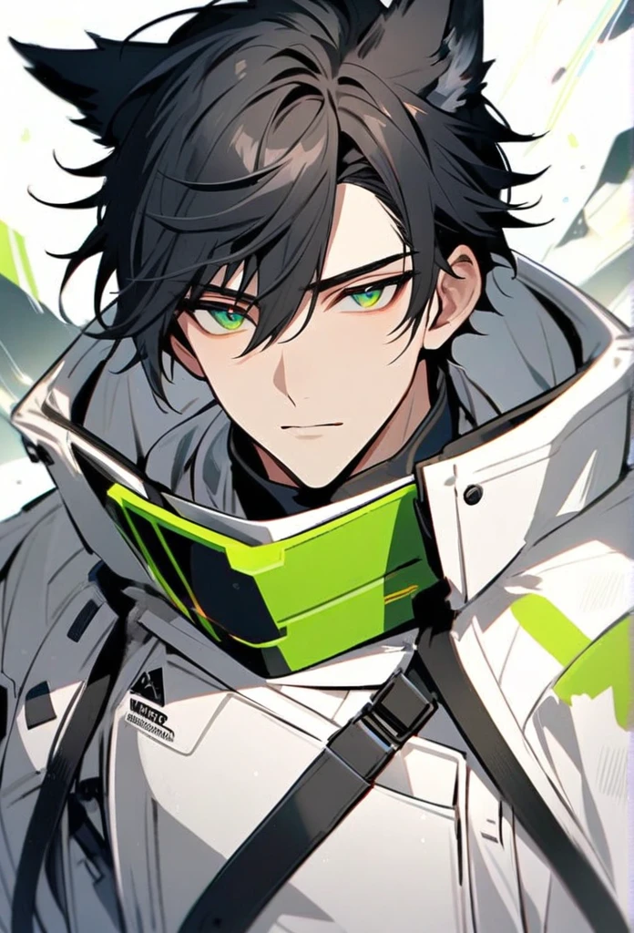 Handsome, solo, 1 male, short black hair, wolf hairstyle, green eyes, white arknight costume, white coat,