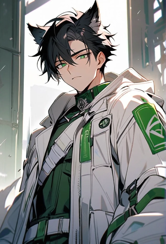 Handsome, solo, 1 male, short black hair, wolf hairstyle, green eyes, white arknight costume, white coat,