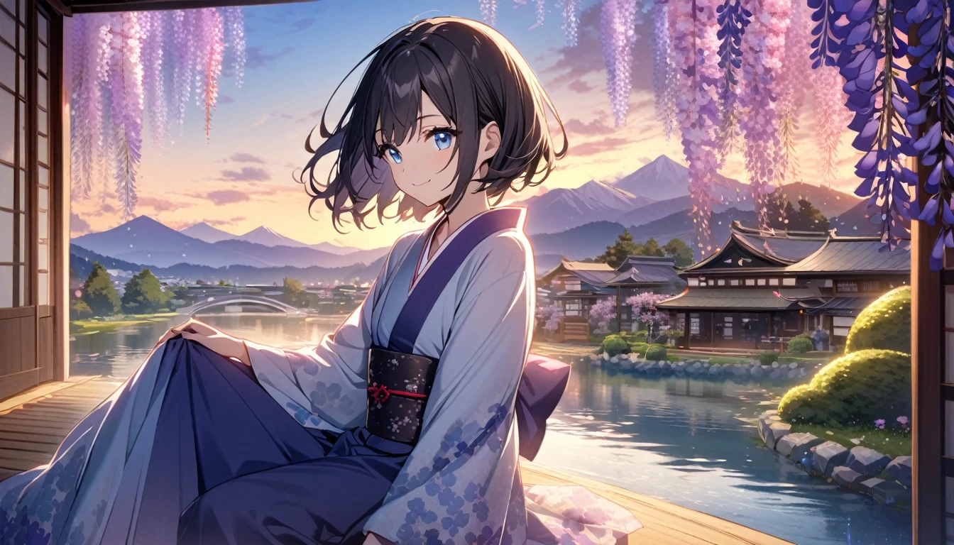 beautiful 1girl, solo, gentle smile on her face flat chest, short hair, black hair, blue eyes, japanese architecture, Sakura, wisteria, flower garden, mountains and rivers, Clouds 、evening glow,japenese gown (purple)