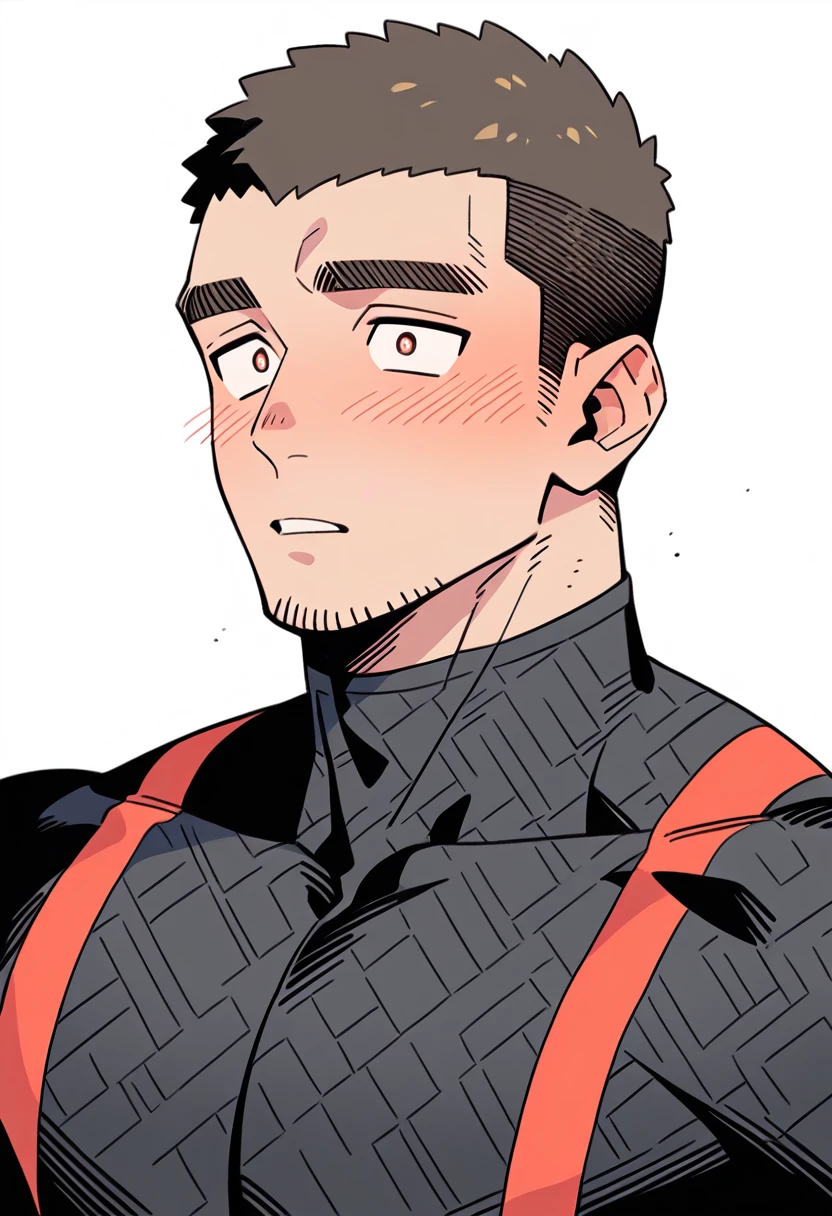 anime characters: Muscle Sports Student, Buzz Cut, Manliness, male focus, Compression bodysuit, Yellow and black high collar long sleeve tight diving suit, Very tight, Regular symmetrical pattern, full and perky chest muscles, muscular male, muscular, only, Upper body, alone, Red short hair, Thick eyebrows, stubble, Brown-red pupils, White background, simple background, amazing quality, best aesthetics, Ridiculous, crew cut, parted lips, flustered, endured face, shy, blush, negative space, negative space, best quality
