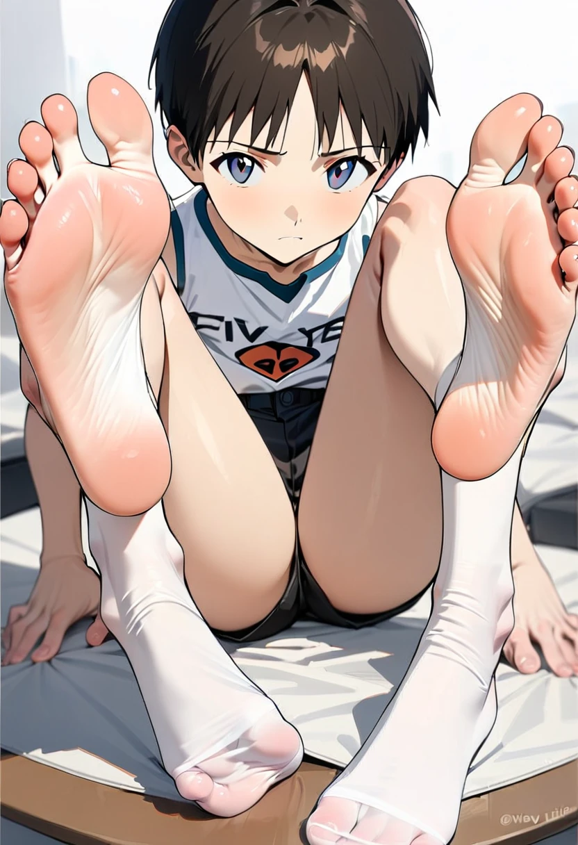 masterpiece, Highest quality, so beautiful, Absurd,Anatomically correct body,One boy, Male Focus, Ikari Shinji, Neon Genesis EVANGELION,View your viewers,White tank top,Black shorts,Show the soles of your feet, Perfect legs, Five-toed feet, Feet Focus, Two legs, 2 feet