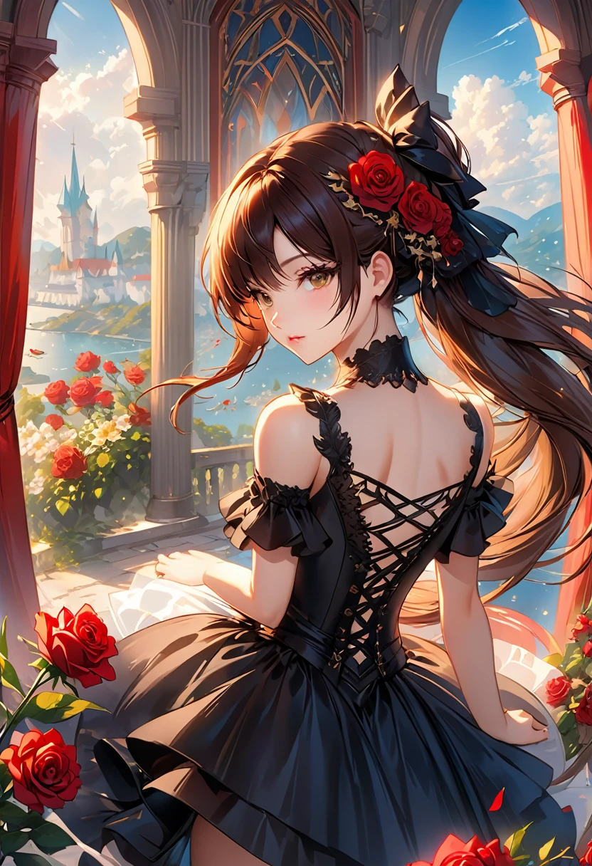 Miss, long brown hair, Gothic style, Roses in your hair, Thick black eyelashes, Shining white irises, Black leotard, digital figure, Comic book style, Gothic Renaissance, Perfect Anatomy, center, Near perfect, dynamic, Very detailed, Gothic styleの城の詳細な背景, Blood, Art Station, Concept Art, Smooth, Sharp focus, figure, artwork:Wlop and Ross Tran ,flash