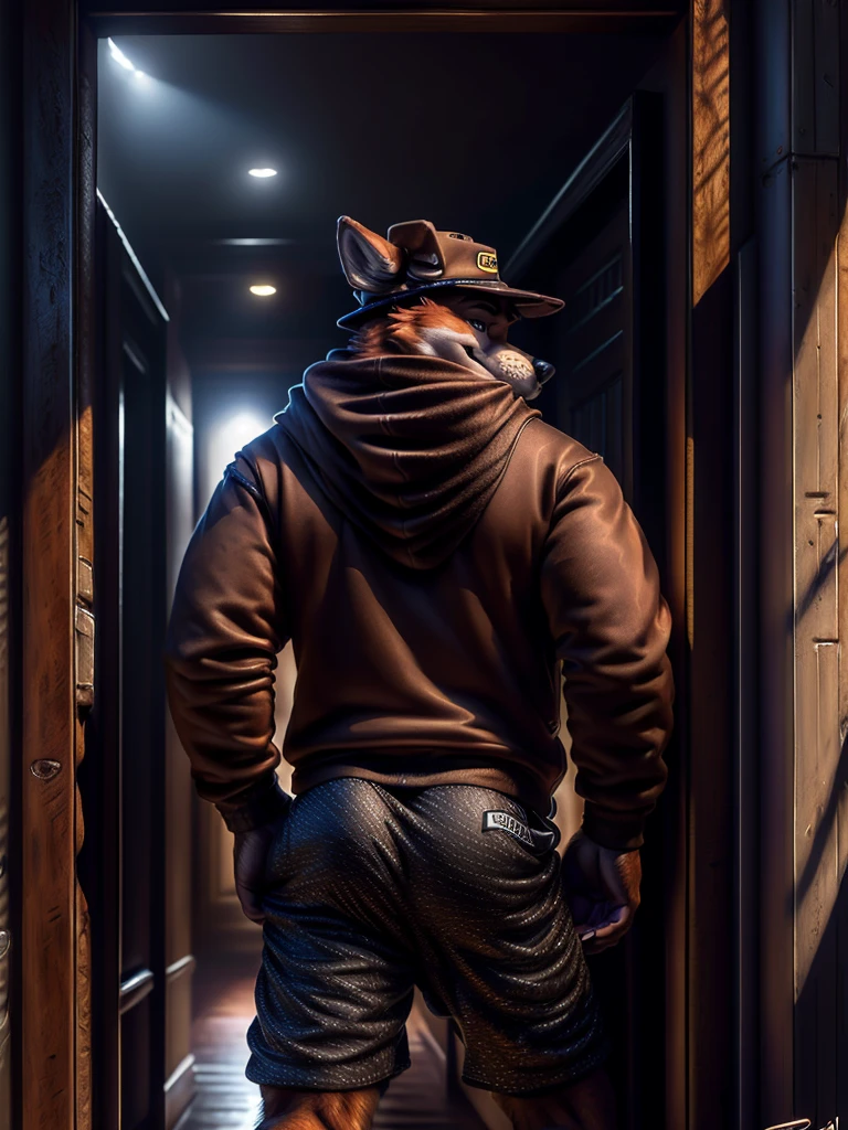 by personalami, by place, by kenket, by taran violinist, male, alone, antro (fox), (fnaf), (sly), Adult, Photorealistic, Hyper realistic, ultra-detailed, natural pose, (muscular, burly), (( run)), ((safety short hoodie:1.2)), (furry), ((butt view)), (detailed background, hallway), ((mature male)), father figure, mature male, hunk , daddy, dilf, ((highly detailed clothing)), ((Highly detailed tail)), ((from behind)), ((highly detailed skin texture)), ((highly detailed hands)), ((highly detailed hands) well drawn)), ((down hoodie)), ((very detailed lighting)), ((natural lighting)), ((black boxers)), ((security guard cap)), ((Night )), ((dark)) A semi-medium long flaccid penis with foreskin visible, testicles,
