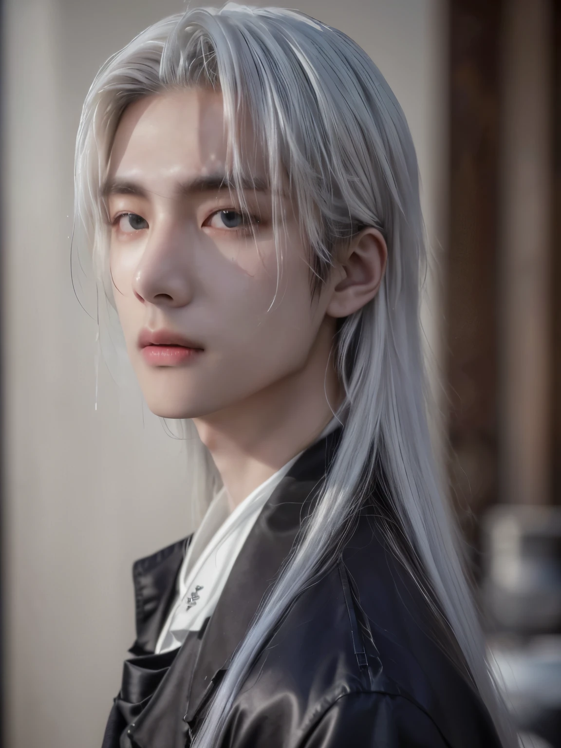 a close up of a person with long hair and a jacket, with white long hair, with long white hair, cai xukun, he has dark grey hairs, beautiful androgynous prince, delicate androgynous prince, xqc, cloud-like white hair, long length slick white hair, hsiao-ron, heise jinyao