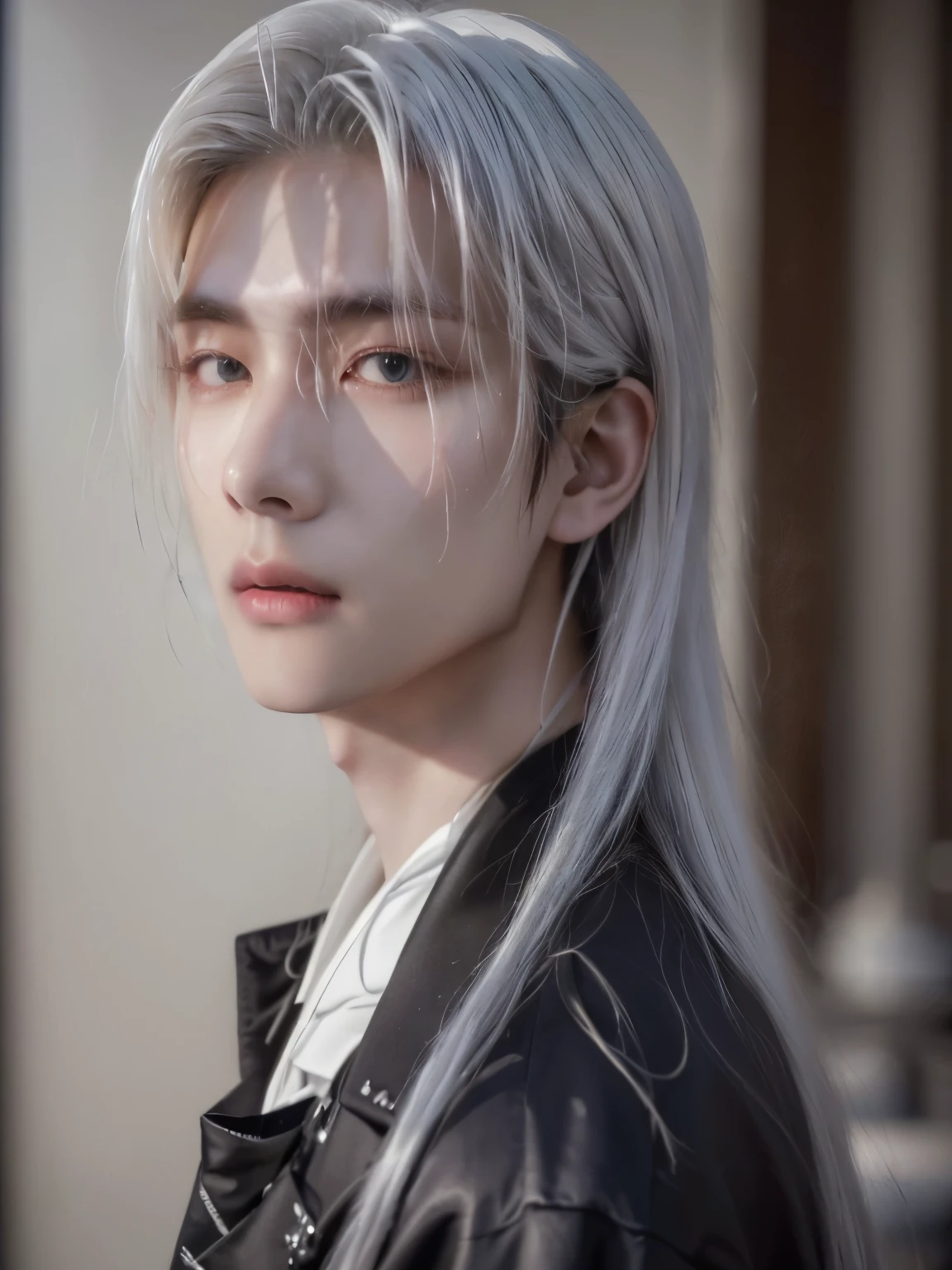 a close up of a person with long hair and a jacket, with white long hair, with long white hair, cai xukun, he has dark grey hairs, beautiful androgynous prince, delicate androgynous prince, xqc, cloud-like white hair, long length slick white hair, hsiao-ron, heise jinyao