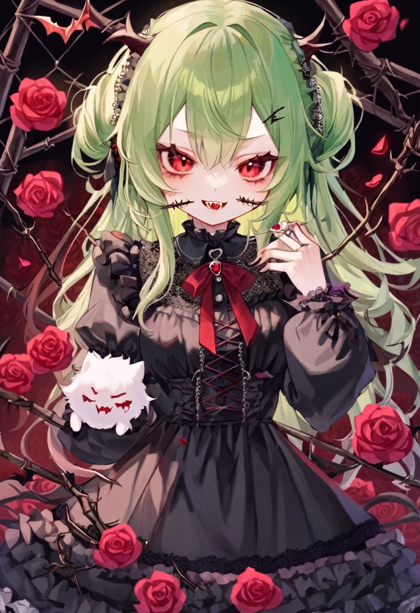 pastel green hair, red eyes, pale, vampire, vampire teeth, bat and thorn hair accessories, black dress with ruffles and lace, beads, thorns, roses, long fluffy hair,