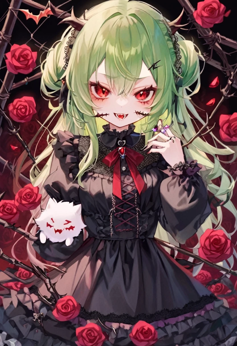 pastel green hair, red eyes, pale, vampire, vampire teeth, bat and thorn hair accessories, black dress with ruffles and lace, beads, thorns, roses, long fluffy hair,