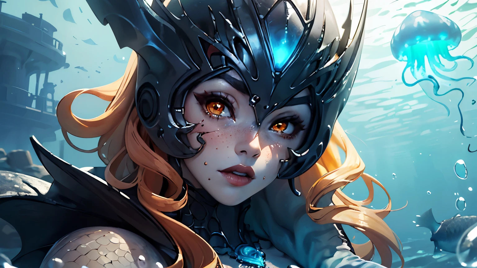 masterpiece, best quality), intricate details, (Best quality)), ((masterpiece)), ((realistic)), (hyperrealism:1.2), (fractal art:1.2), (1girl), (perfect face:1.3), ((red long hair)), extreme detailed eyes, colorful, highest detailed, Nami, fishbody, mermaid, scales, tail, water, ocean, waves, orange eyes, freckles, orange hair, (mermaid), (detailed fish), (glowing jellyfish, shining jellyfish:1.2), (bubbles:1.2), seaweed, (under the sea), water streaks, vibrant colors, high contrast, (8K UHD:1.2), (photorealistic:1.2), wearing dark grey metallic facial knight helmet with red ruby in center, dark grey metallic necklace, wearing dark grey metallic battle armor, faint red in the ocean in the background