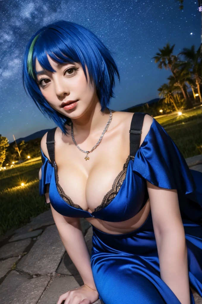 xenovia quarta, playboy playmate, very_extremely_large_breasts, yellow eyes, blue hair, short hair, night sky, evening gown with cleavage, necklace