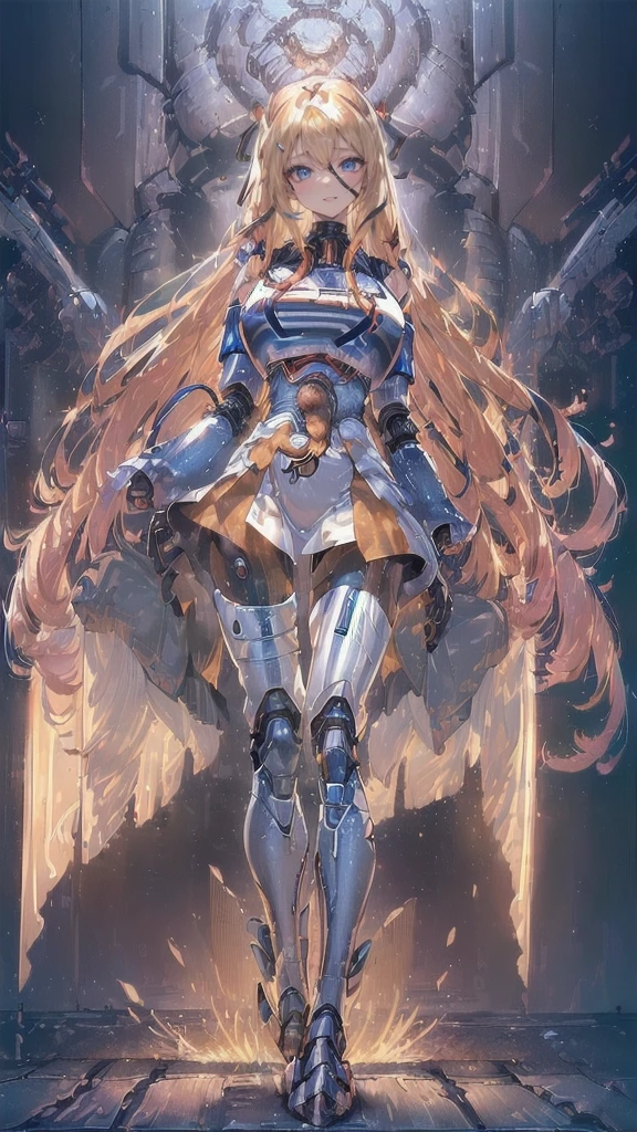 ((1girl:1.5),(embroidered cybernetic body:1.5),large breast,(mecha armor:1.5)),(Highest image quality, outstanding details, ultra-high resolution, (realism: 1.4), the best illustration, favor details, highly condensed 1girl,(Sense of presence:1.5),(Dynamic:1.5),(bold:1.5)),(thin hair:1.8),(straight hair:1.5),(Swept long bangs:1.5),(extra light coppery amber hair),((hair over one eye:1.2)),(stretching:1.5)
