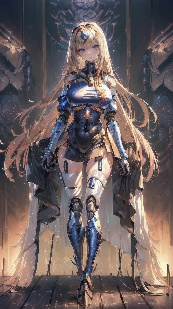 Beautiful girl with blonde hair, blue eyes, red lips(smile), big , Half naked wearing futuristic suit, holding sword, sexy cybernc girl, cyberpunk,futuristic city background, Shining suit, amazing, futuristic age, Masterpiece, best quality, extremely detailed, 8k, realistic