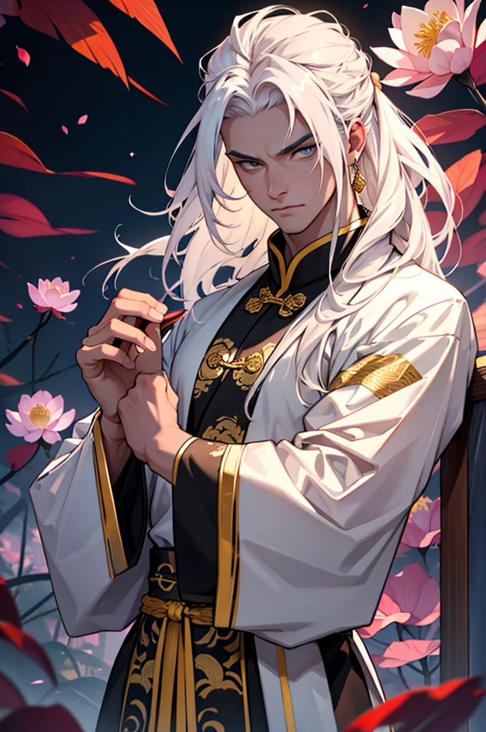 best qualityer,ultra detali,realisitic:1.37),LONG white hair, pink iris,tall and strong man, moderno, black and gold traditional chinese clothing , milky and smooth skin, with a dagger in his hand, lotus flower particles,d&charachter,sharp focus,Physically based rendering,proffesional,bright coloured,bokeh,portraite, anatomically perfect hands, pleasant and beautiful face, fierce gaze