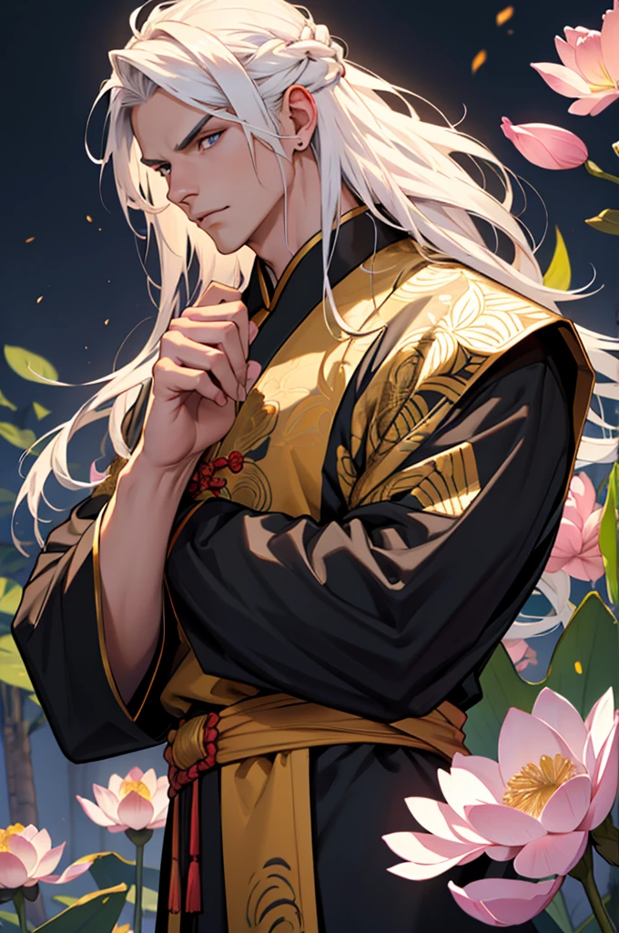 best qualityer,ultra detali,realisitic:1.37),LONG white hair, pink iris,tall and strong man, moderno, black and gold traditional chinese clothing , milky and smooth skin, with a dagger in his hand, lotus flower particles,d&charachter,sharp focus,Physically based rendering,proffesional,bright coloured,bokeh,portraite, anatomically perfect hands, pleasant and beautiful face, fierce gaze