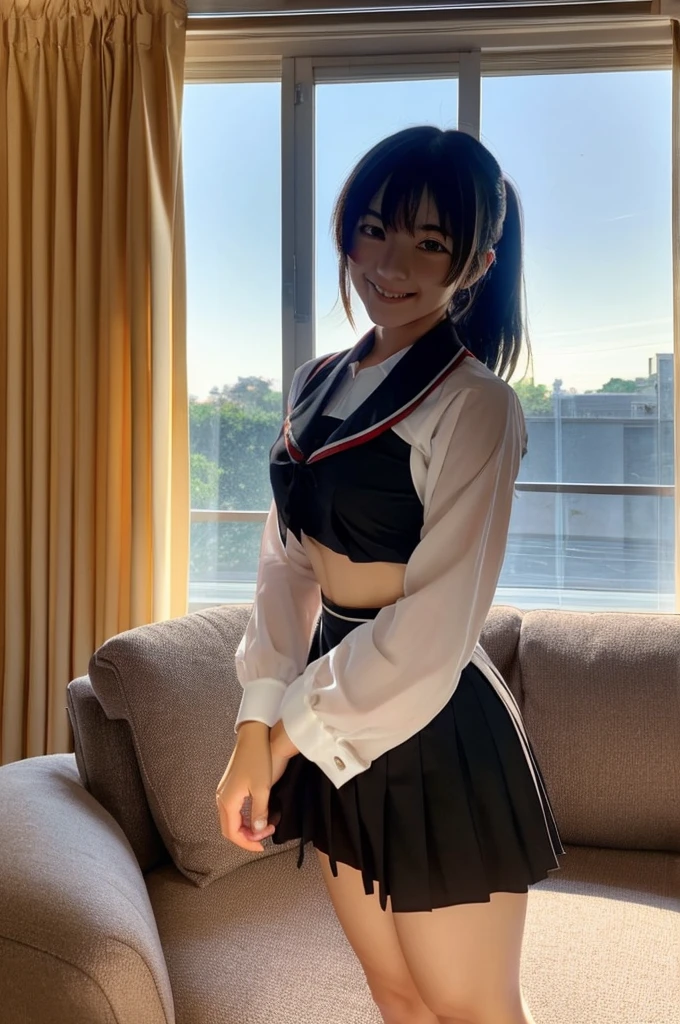 Xenovia_Quarta, black capelete, red pleated skirt, white collared shirt, black ribbon,KuohAcademyUniform, smiling, blushing face, standing, living room, dappled sunlight, sunset, window, curtains, front view