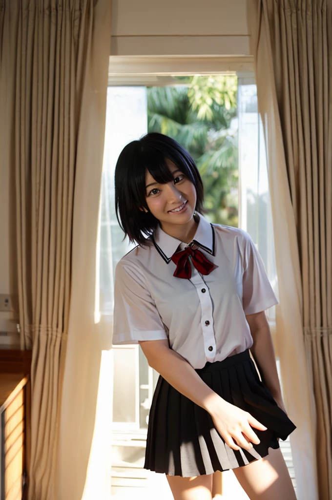 Xenovia_Quarta, black capelete, red pleated skirt, white collared shirt, black ribbon,KuohAcademyUniform, smiling, blushing face, standing, living room, dappled sunlight, sunset, window, curtains, front view