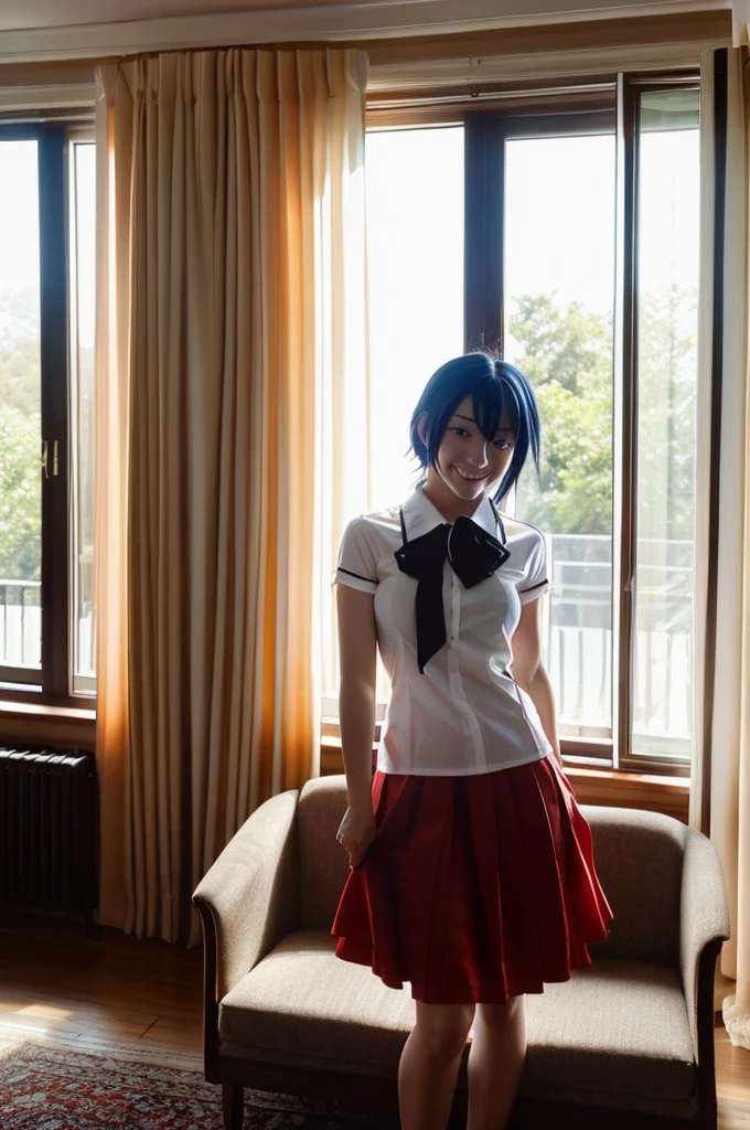 Xenovia_Quarta, black capelete, red pleated skirt, white collared shirt, black ribbon,KuohAcademyUniform, smiling, blushing face, standing, living room, dappled sunlight, sunset, window, curtains, front view