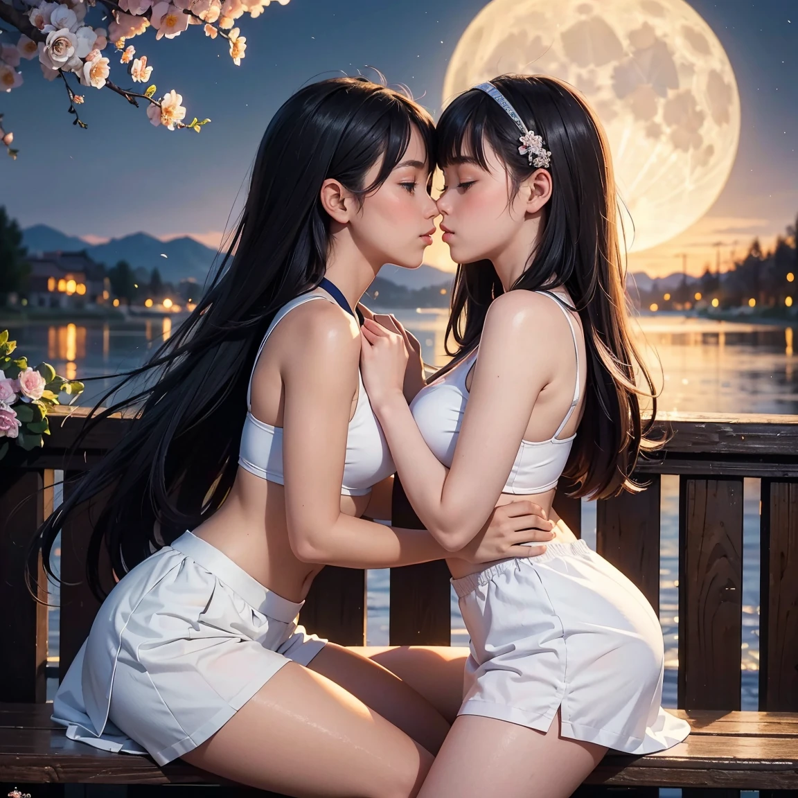 (masterpiece, best quality:1.5), perfect anatomy, two school girls are deeply in love with each other, kiss, romantic atmosphere, flower and moon, magnificent panorama view