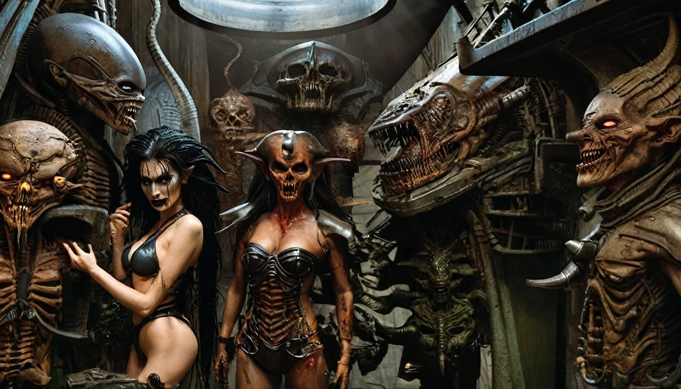 in (medium full shot:3.1) of lot of characters from a movie for slave girls from beyond infinity, inspired by Clyde Caldwell and Greg Rutkowski, futuristic apocalypse, stalenhag, metal album cover, gwar, heavy metal band promo, wayne barlowe pierre pellegrini, (with Creepy, Sci-Fi, Fantasy and Horror:2.9) retro sci fi, Horror movie, very detailed body, moody, epic, ((Cinematic film)), ((Ultra Detailed)), Complex, ((Sharp Focus)), Object Texture, Studio Photo, Complex Details, ((Highly Detailed)), Photo Real Style, ((Hyper-realistic)), High Dynamic Range, ((Realistic Textures)), 8K UHD, Nikon D 850, Kodak Portra 400, Fujifilm XT, rich colors, (3D rendering:3.1)