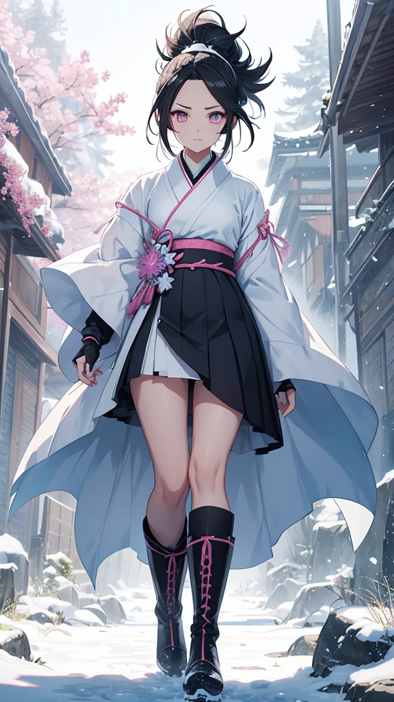 Demon slayer style girl, she can see her whole body, He has white hair , has a pompadour, His eyes are gray , thick natural pink lips, Pink cheeks , profiled nose , Round but slitted eyes , White skin, profiled jaw and straight chin, Ice Pillar uniform from Kimetsu No yaiba , Ice-colored kimono with glacier decoration , She has long white stockings , And he wears light blue boots, low as snow, with flat soles. , He carries a katana with him but it is sheathed., On his shoulder he carries a white crow with a different colored leaf., She is walking through a meadow and looks at the camera with a serious expression 