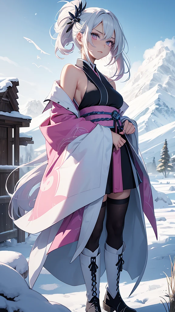 Demon slayer style girl, she can see her whole body, He has white hair , has a pompadour, His eyes are gray , thick natural pink lips, Pink cheeks , profiled nose , Round but slitted eyes , White skin, profiled jaw and straight chin, Ice Pillar uniform from Kimetsu No yaiba , Ice-colored kimono with glacier decoration , She has long white stockings , And he wears light blue boots, low as snow, with flat soles. , He carries a katana with him but it is sheathed., On his shoulder he carries a white crow with a different colored leaf., She is walking through a meadow and looks at the camera with a serious expression
